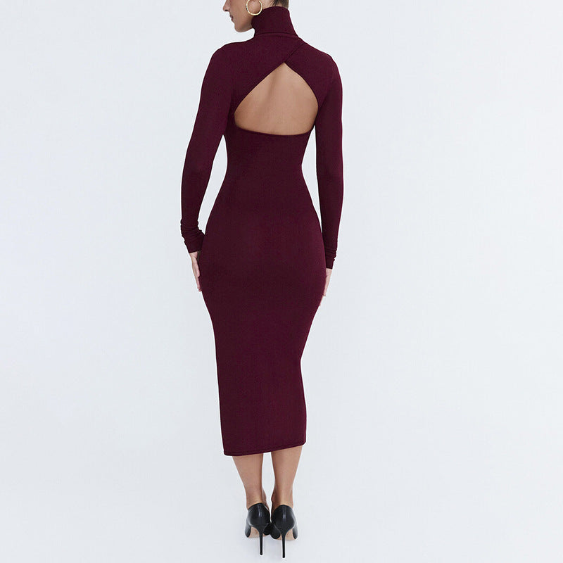 Women Sexy Slim Deep Cerise Hollow Out Cutout Split Mid Length Dress Bella Mia