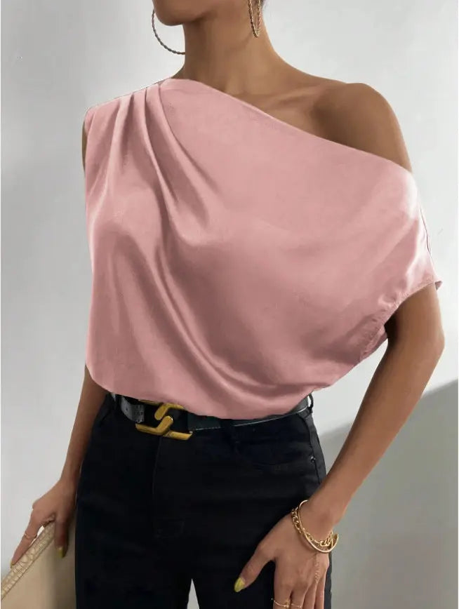 Spring Solid Color Satin Artificial Silk Irregular Asymmetric Shoulder off Shoulder Pullover Sleeveless Shirt Women Clothing Bella Mia
