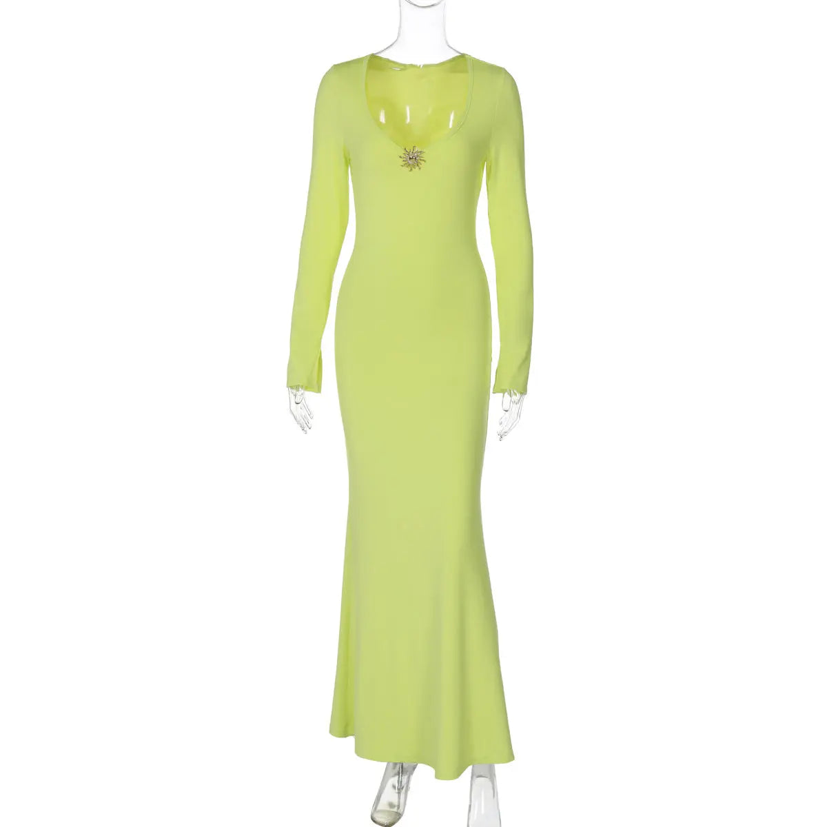 Lime Green Deep U Neckline Long Sleeve High Waist Fishtail Maxi Dress Bella Mia
