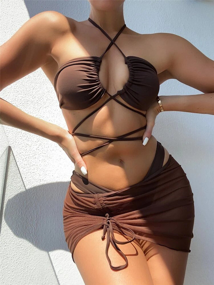 Women Split Swimsuit Solid Color Sexy Bandage Pleating Three Piece Sexy Bikini Bella Mia