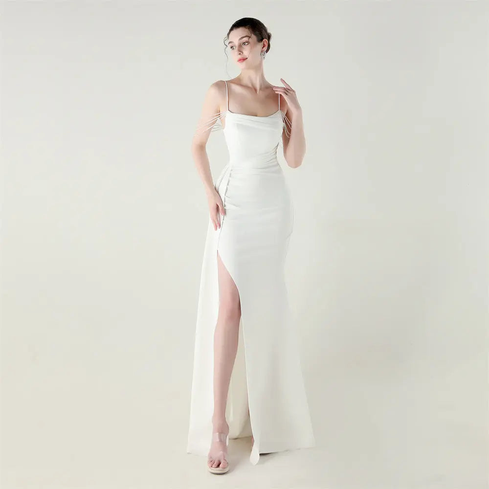 Bandeau Sling Satin Craft Beaded Chain Fishtail Evening Dress Dinner Wedding Ball Bella Mia
