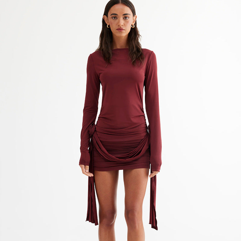 Solid Color Long Sleeve round Neck Slim Fitting Patchwork Ribbon All Match Floral Dress Bella Mia