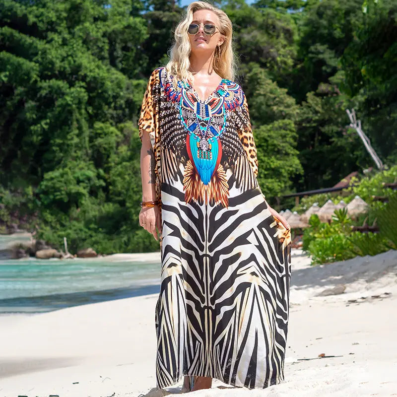 Boho Printed Beach Maxi Dress In Viscose With Animal Print And Split Sleeve Bella Mia