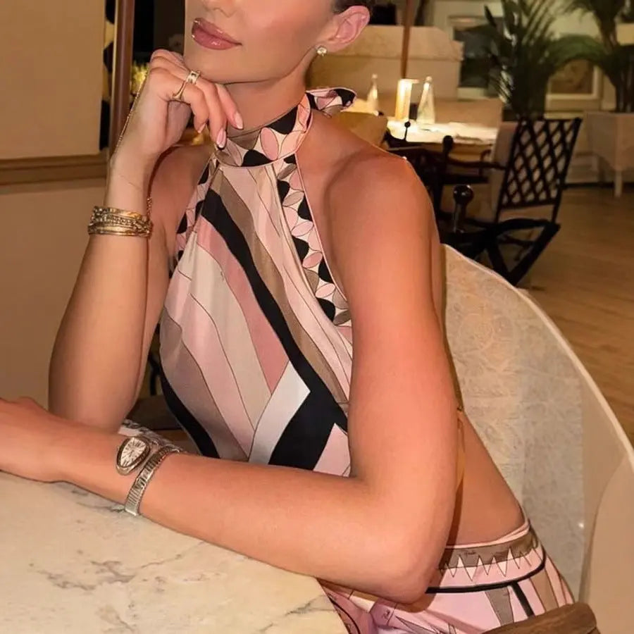 Beach Print Satin Halter Backless Top Irregular Asymmetric Skirt Two Piece Set Bella Mia