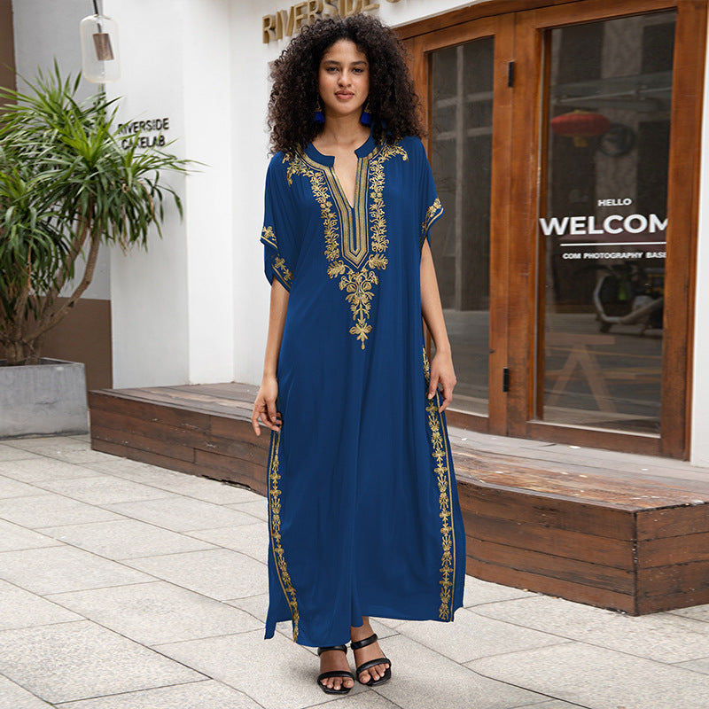 Rayon Embroidered Holiday Loose Jumpsuit Long Robe Beach Sun Protection Maxi Dress Beach Cover Up Bella Mia