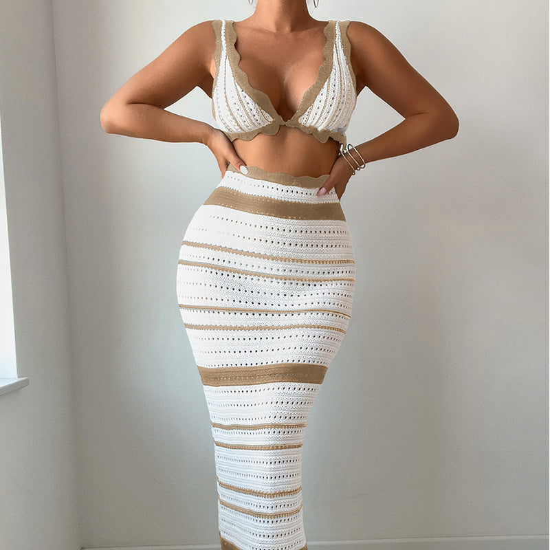 Women Striped Texture Vacation Casual Sexy Beach Bikini Skirt Two Piece Sets Bella Mia