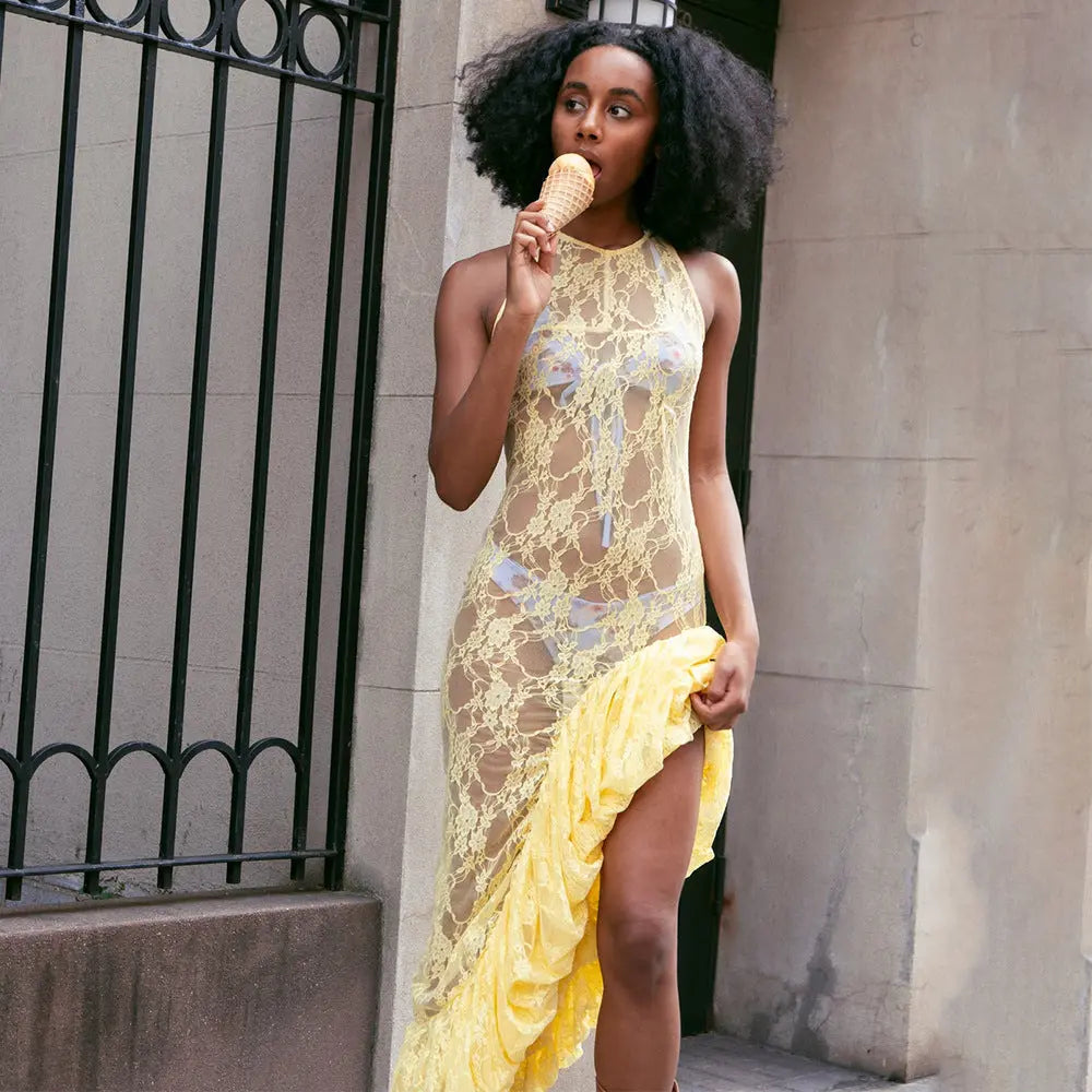 Sleeveless round Neck Dress Summer Sexy Lace See through Irregular Asymmetric Maxi Dress Women Bella Mia