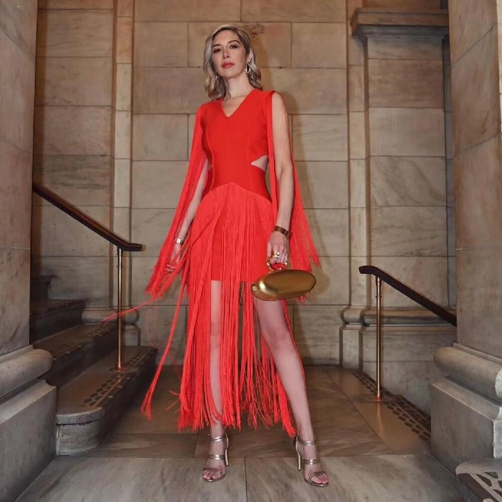 High End Women Clothing Tassel Red Dress Sexy V neck Side Cropped Outfit Sleeveless Cocktail Party Dress Bella Mia