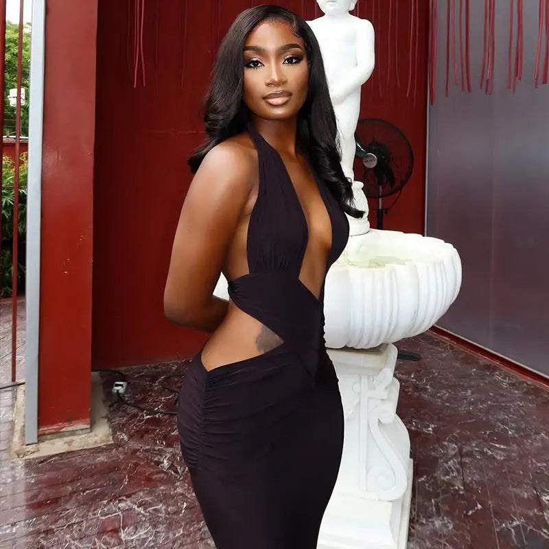 Solid Color Halter Maxi Dress For Women Backless Ruched Sleeveless Bodycon Bella Mia