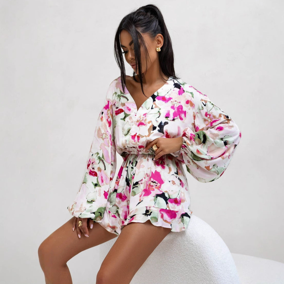Women Clothing Summer V neck Printed Long Sleeve Waist Trimming Ruffles Shorts Jumpsuit Bella Mia