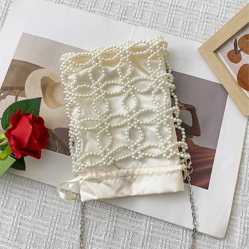 Artistic Fairy Floral Cutout Woven Beads Imitation Pearl Advanced Texture Mobile Phone Lipstick Chain Cross Body Bag Bella Mia