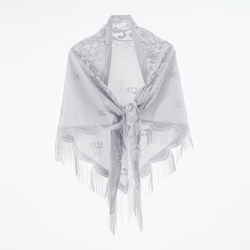 Nylon Hollow Out Cutout out Monochrome Breathable Tassel Triangular Binder Shawl Women Scarf Bella Mia