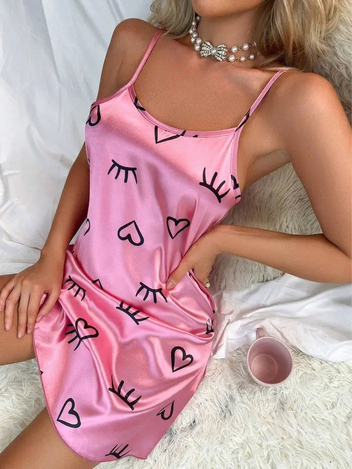 Women Ice Silk Backless Nightdress Strap Sleepwear Floral Print Short Satin Bella Mia