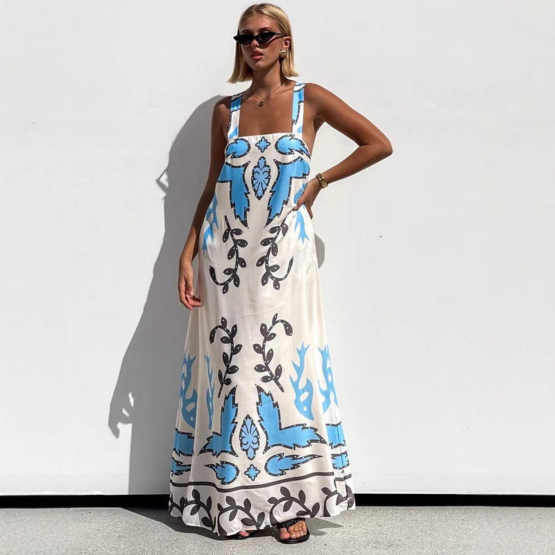 sexy vacation dress Summer Spaghetti-Strap Floral Print Casual Loose D neck Slit Maxi Vacation Funko POP Military U.S. Silk Satin Colors:Lilac Brand_Furniture of America