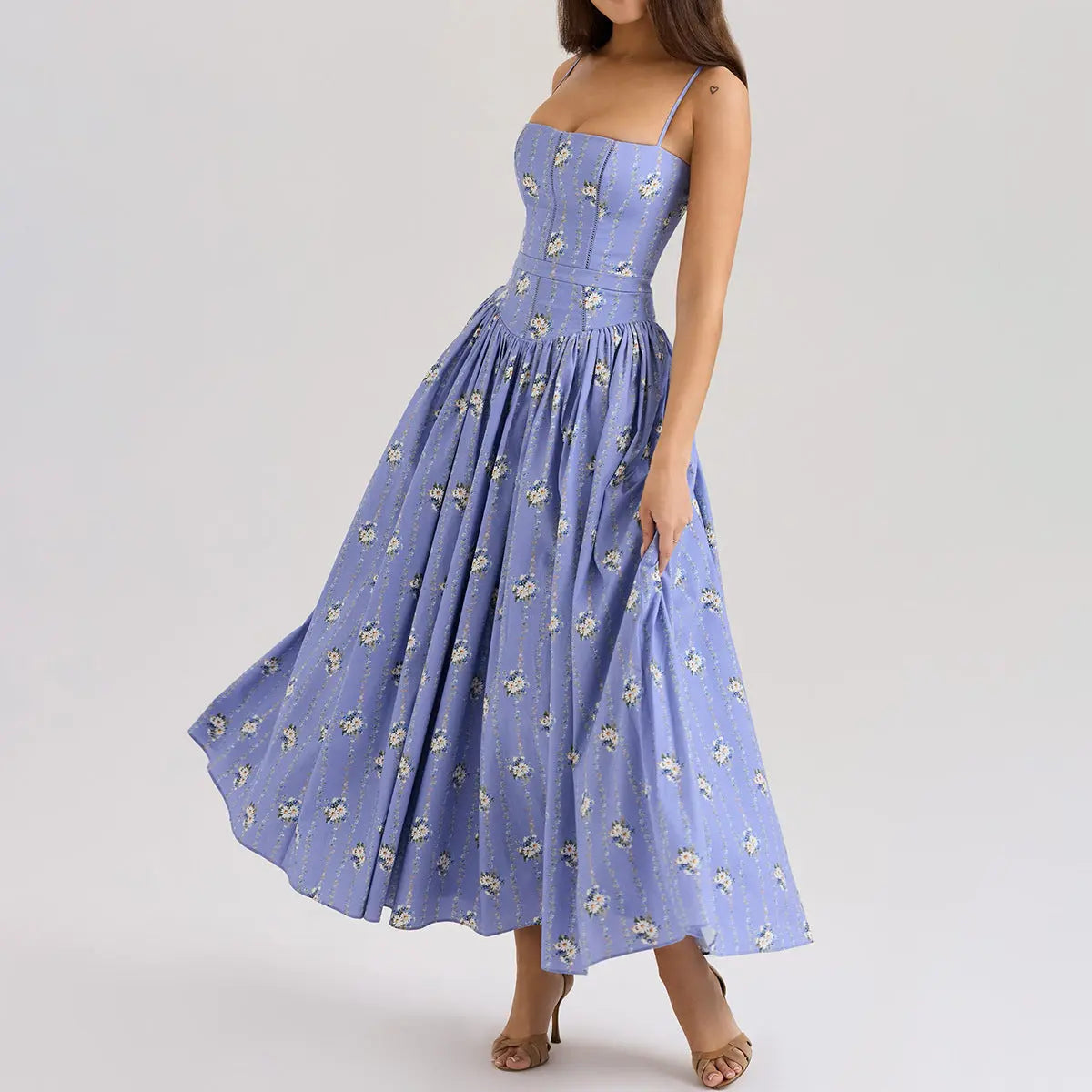 Floral Print Maxi Dress Elegant Slim Fit Spaghetti Strap Sleeveless Ruched Lace Bella Mia