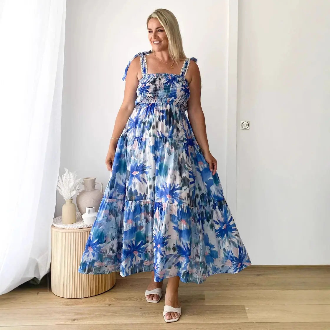 Spring Summer Floral Printed Sling Smocking Elastic Waist Knotted Shoulder Strap Large Swing Dress Long Bella Mia