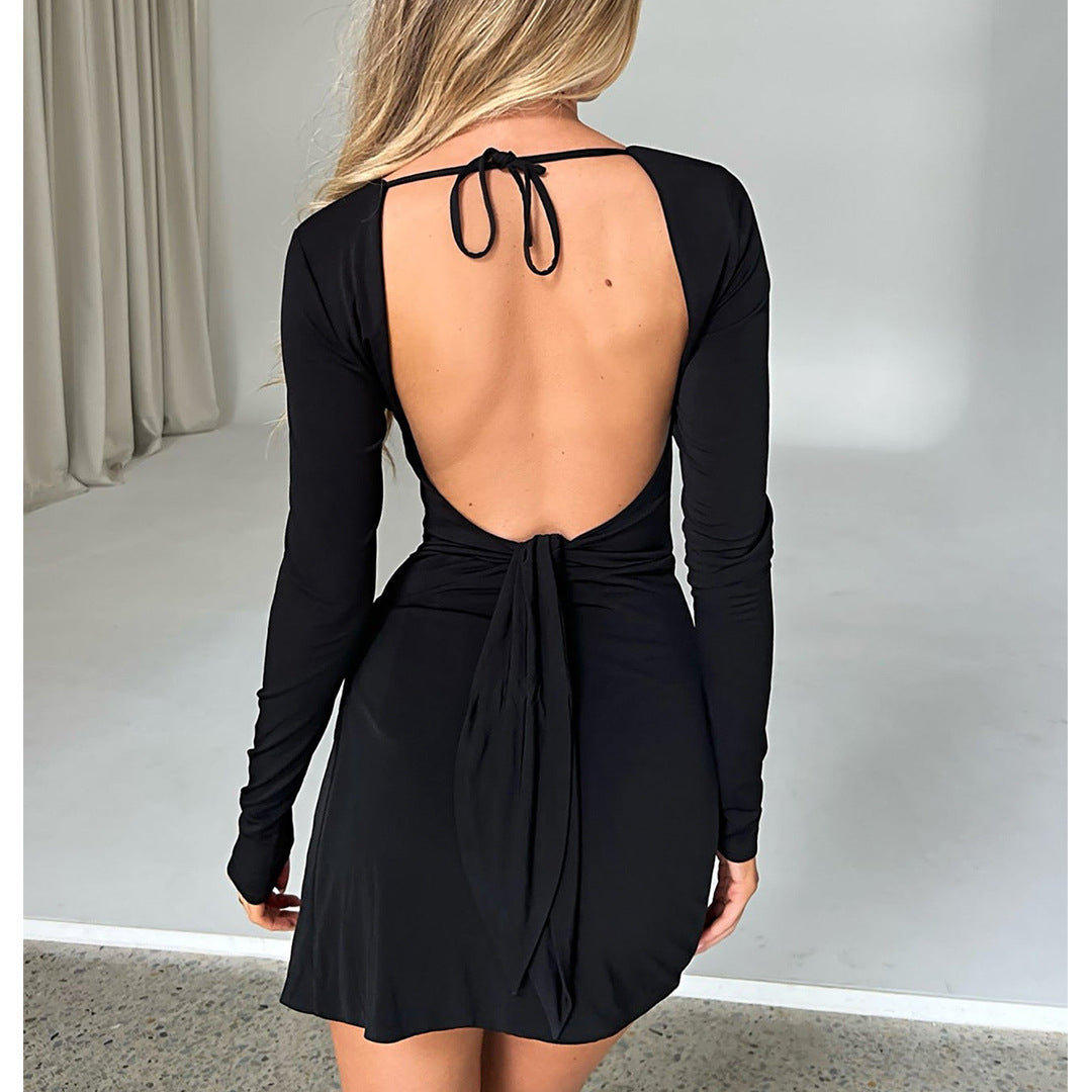 Women Clothing Sexy Backless Lace Up Split Long Sleeve Swing Collar Dress Bella Mia