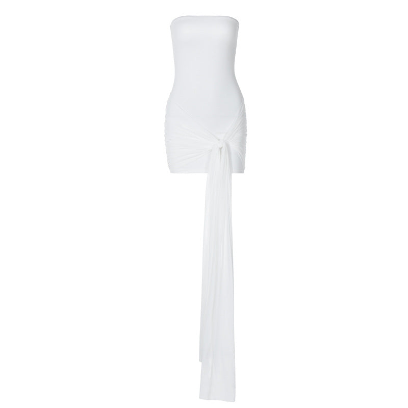 Women Clothing Autumn Solid Color Elegant Wrapped Chest Waist Stitching Mesh Ribbon Pleated Short Dress Women Bella Mia