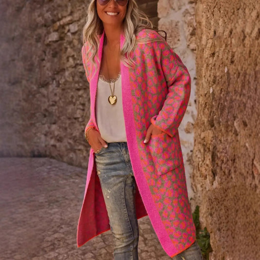 Autumn Winter Contrast Color Leopard Print Long Sweater Retro Pocket Sweater Women Coat Bella Mia