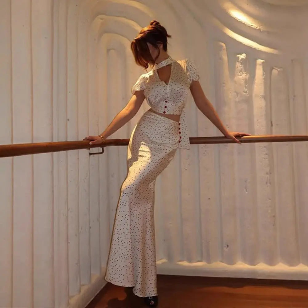 Elegant High Grade Polka Dot Satin Fishtail Skirt Skirt V neck Short Top Sexy Two Piece Sets Bella Mia