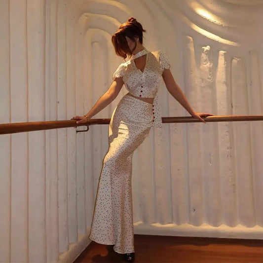 Elegant High Grade Polka Dot Satin Fishtail Skirt Skirt V neck Short Top Sexy Two Piece Sets Bella Mia