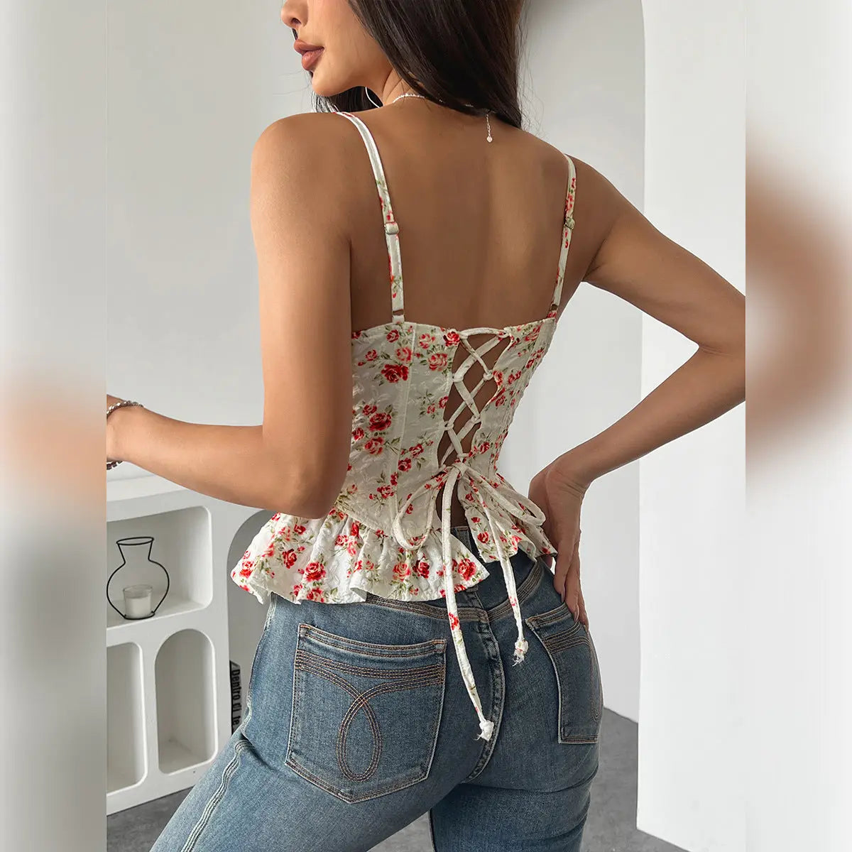 Spring Summer Floral Irregular Asymmetric Ruffled Light Slimming Sexy Backless Lace up Wrapped Chest Bella Mia