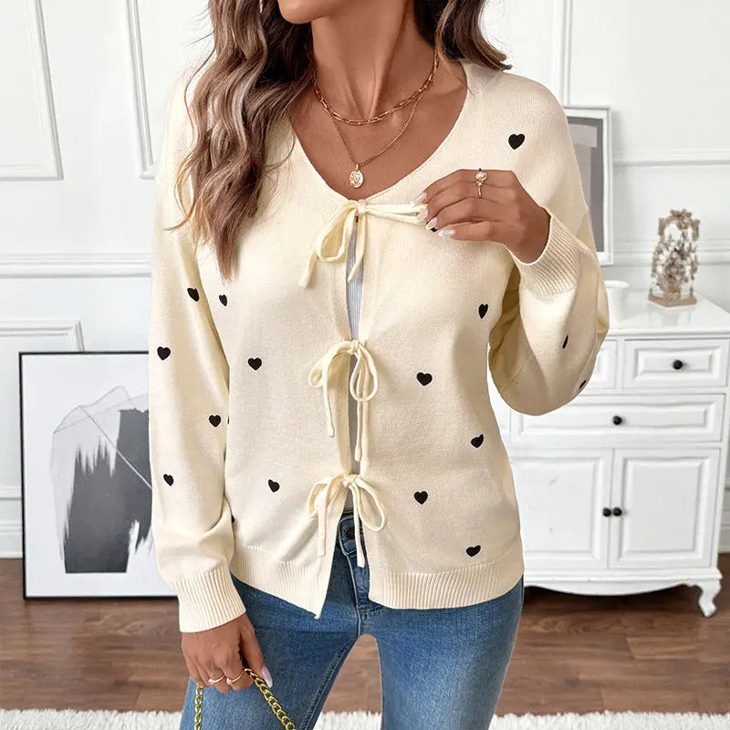 Autumn Winter Heart Pattern V Neck Lace Up Cardigan Sweater Coat Bella Mia