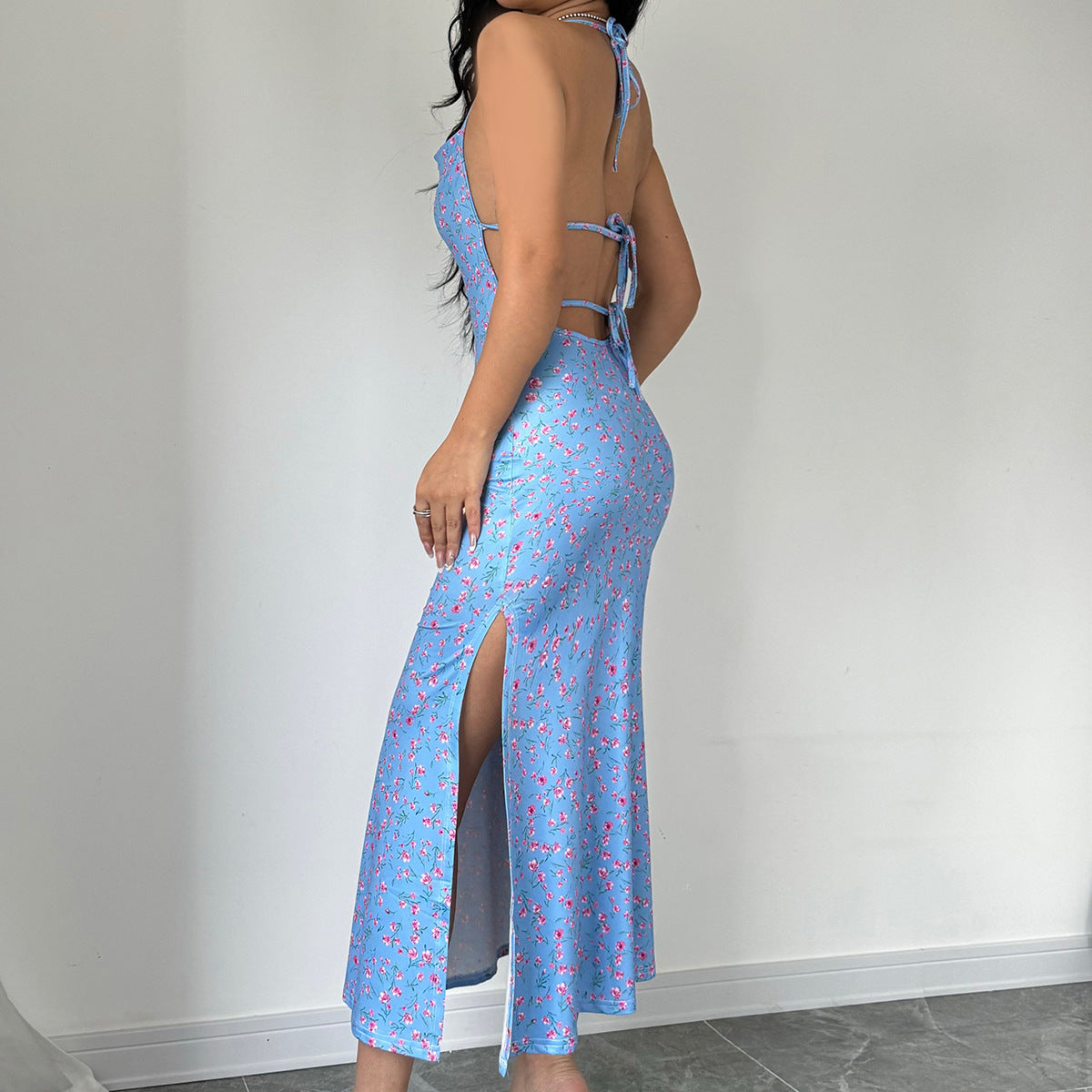 Arrival Sweet Floral Sexy Backless Halter Sleeveless Split Medium Dress Bella Mia