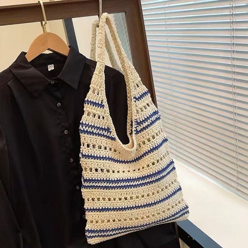 Striped Single Shoulder Cotton Thread Woven Bag Large Capacity Hollow Out Cutout Straw Bag Seaside Vacation Beach Bag Bella Mia