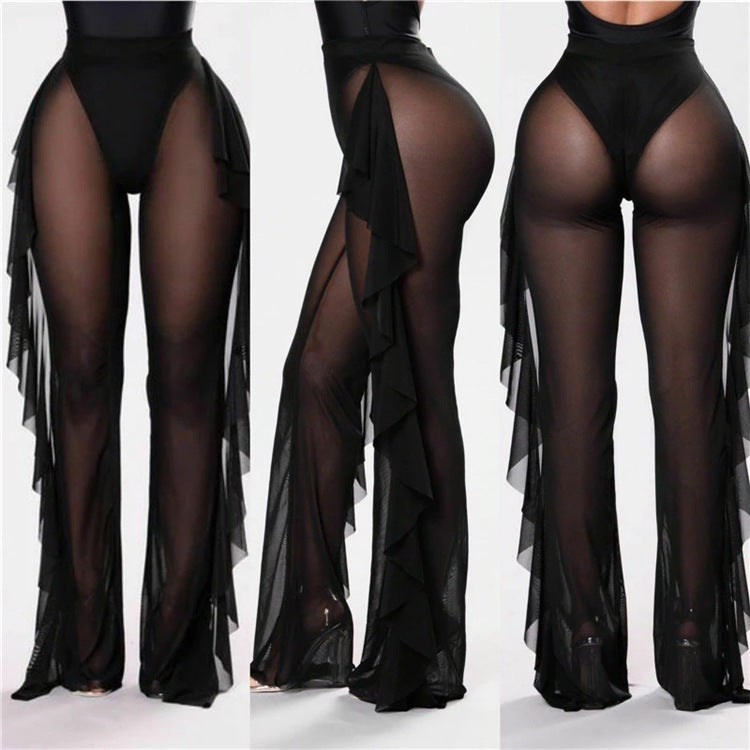 Ruffled Solid Color Casual Sexy Yarn Pants See through Women Beach Vacation Trousers Bella Mia