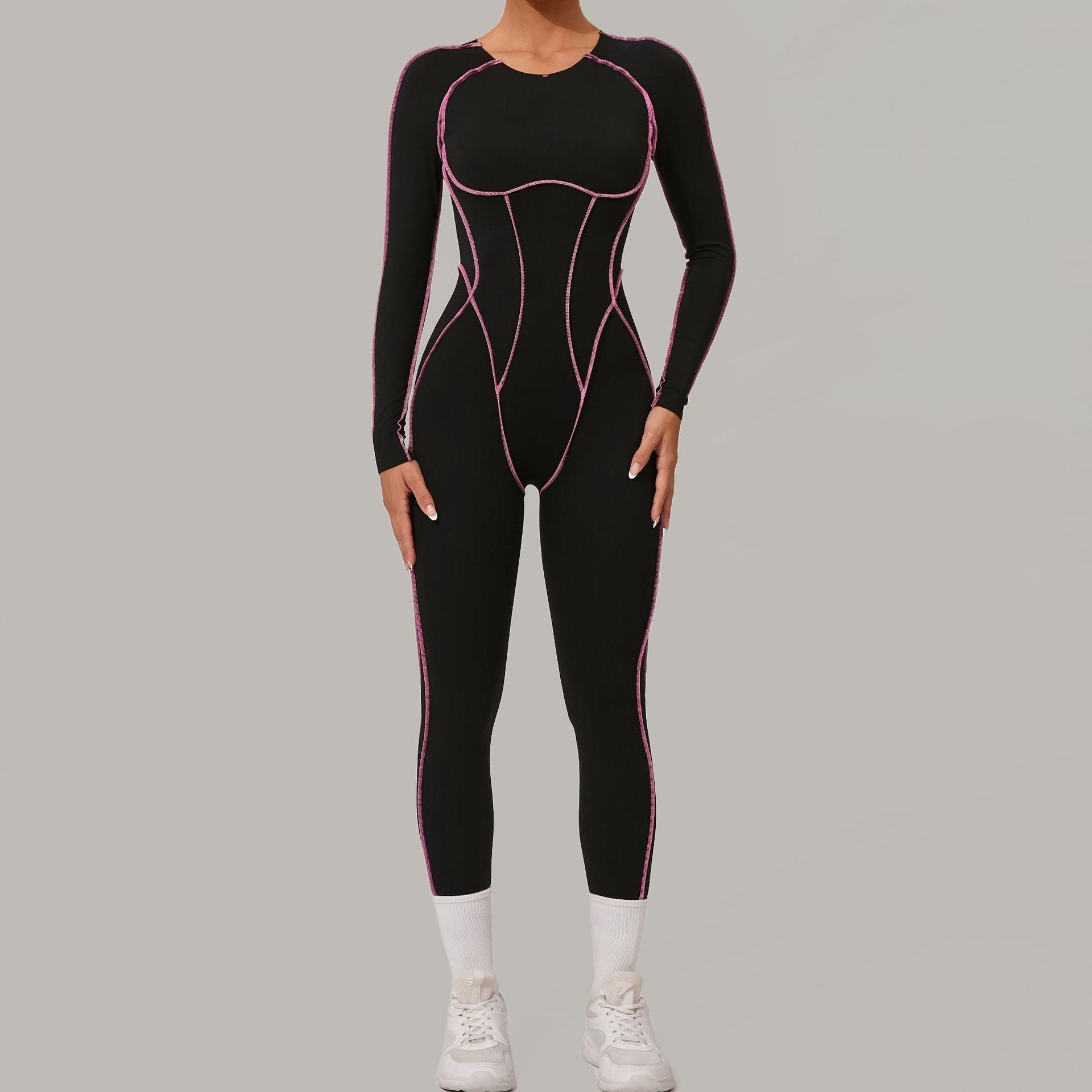 Three Dimensional Cut Color Matching Long Sleeve Yoga Jumpsuit High Strength Fitness Sports One Piece Tights Bella Mia