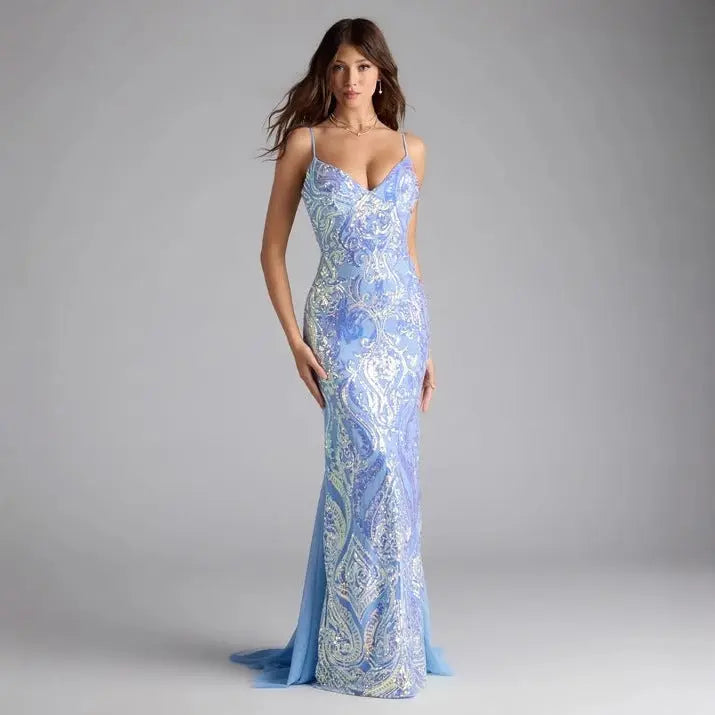 Blue Sequined V Neck Party Dress For Women Evening Bodycon Bella Mia