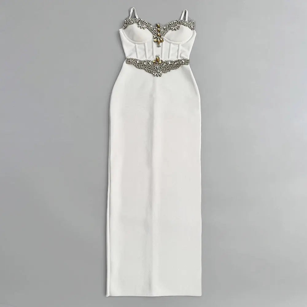 Diamond Strap Bandage Maxi Dress With Boning And Rhinestones V Neck Bella Mia