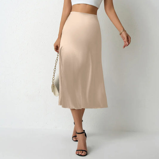 Women Clothing Popular Satin Skirt Women Summer Mid Length Split Professional A line Skirt High Waist Skirt Bella Mia