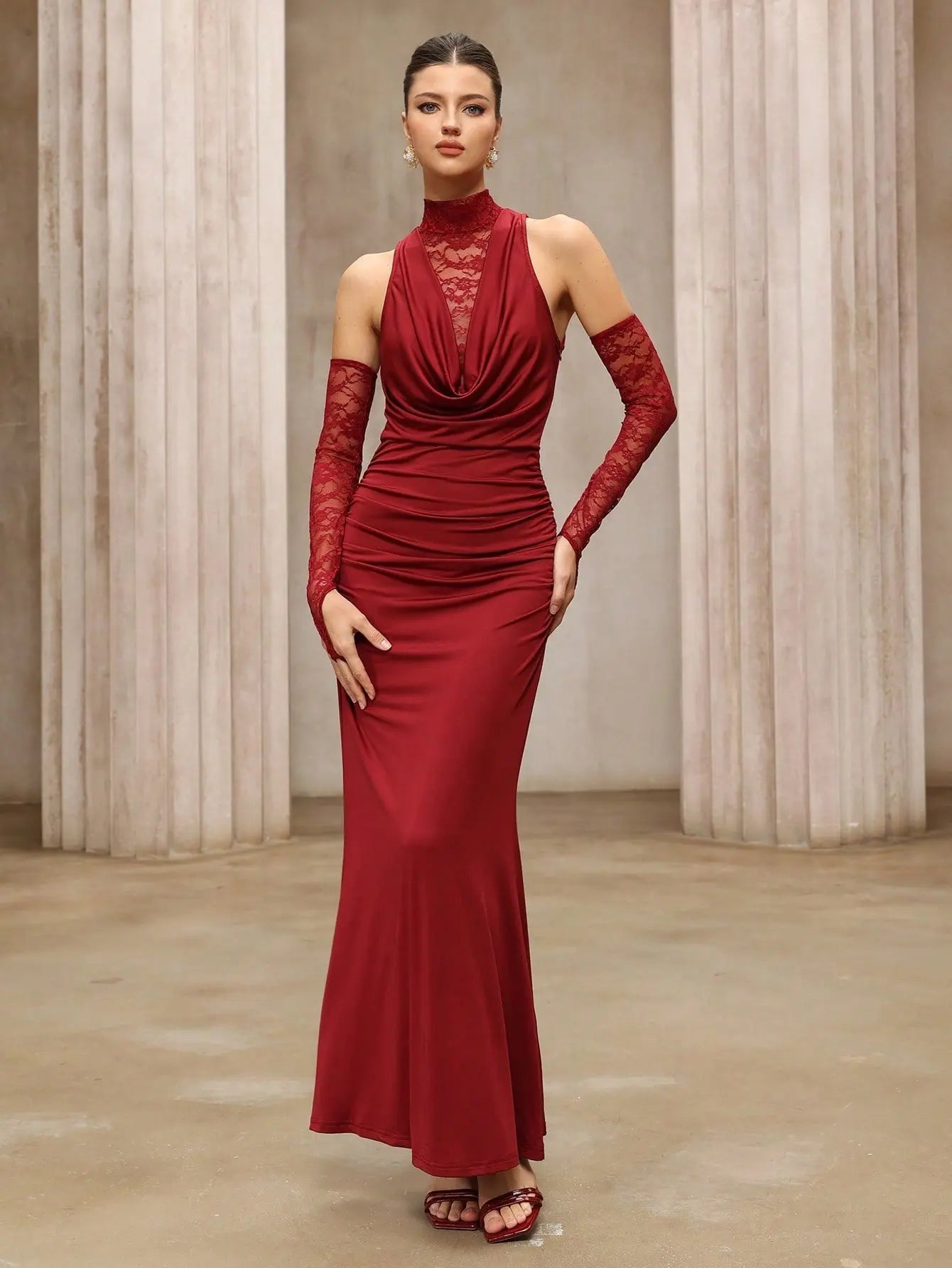 Wine Red Slim Maxi Dress With Lace Cutouts Ruched Long Sleeve Formal Evening Bella Mia