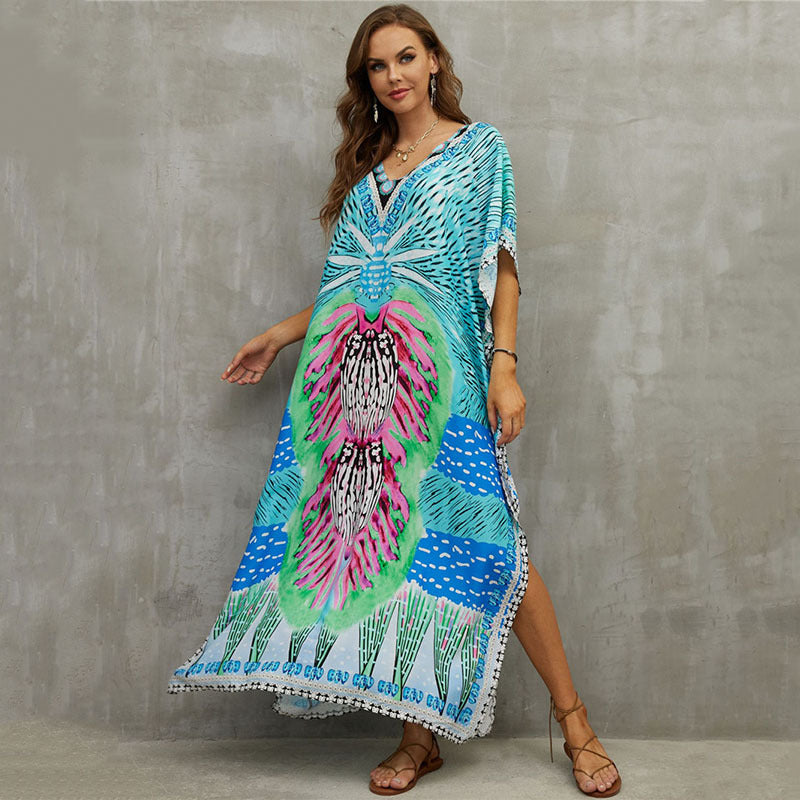 Rayon Positioning Printing Beach Cover Up V Neck Robe Vacation Skirt Bikini Cover Bella Mia