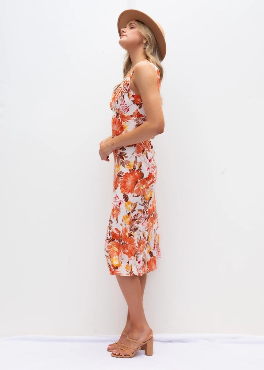 Spring Front Back V-neck Sleeveless Printed Slim-Fit Sexy Dress Women Clothing Floral Burst Bella Mia