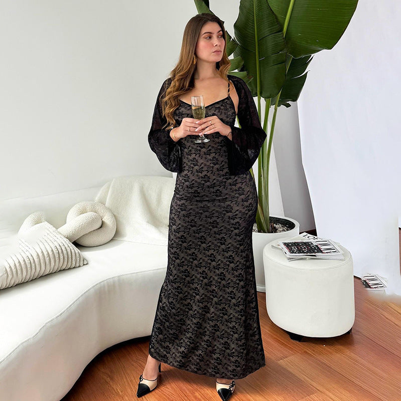 Autumn Elegant Slim Lace Sling Two Piece Blouse Women Bella Mia