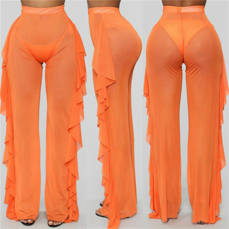 Ruffled Solid Color Casual Sexy Yarn Pants See through Women Beach Vacation Trousers Bella Mia
