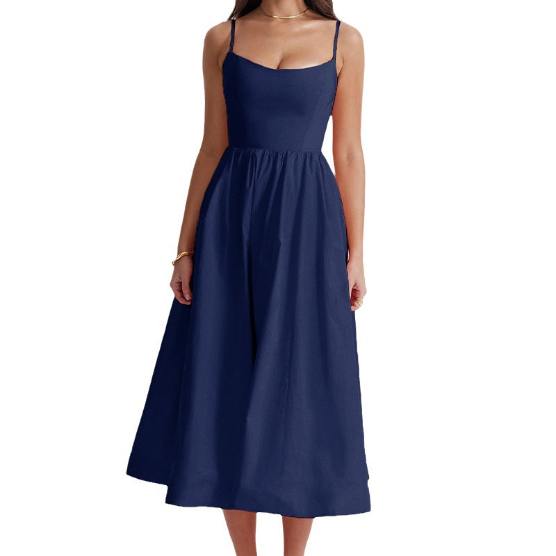 Women Clothing Solid Color Sexy Backless Spaghetti Straps Large Swing Dress Women Bella Mia