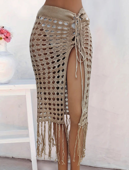 Women Clothing Sexy Cutout Woven Lace up Tassel Dress Split Beach Skirt