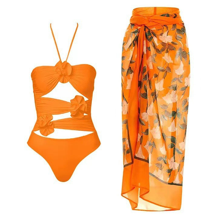 Lonkey Swimsuit Solid Color Hollow Out Cutout Mesh Bag Hip Skirt Floral Sexy Swimsuit Bella Mia
