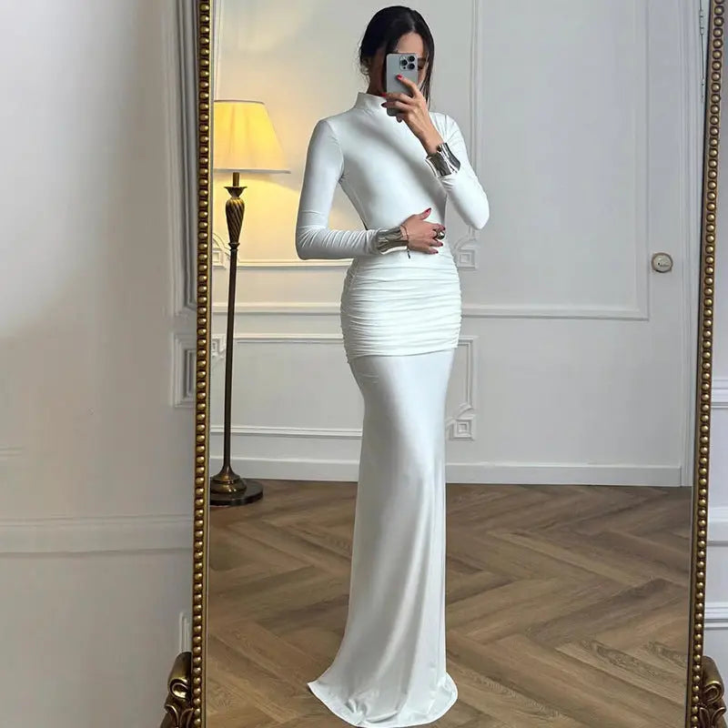 Women Clothing Autumn Solid Color Long Sleeve Slim Fit Fishtail Dress Button Backless Dress Women Bella Mia