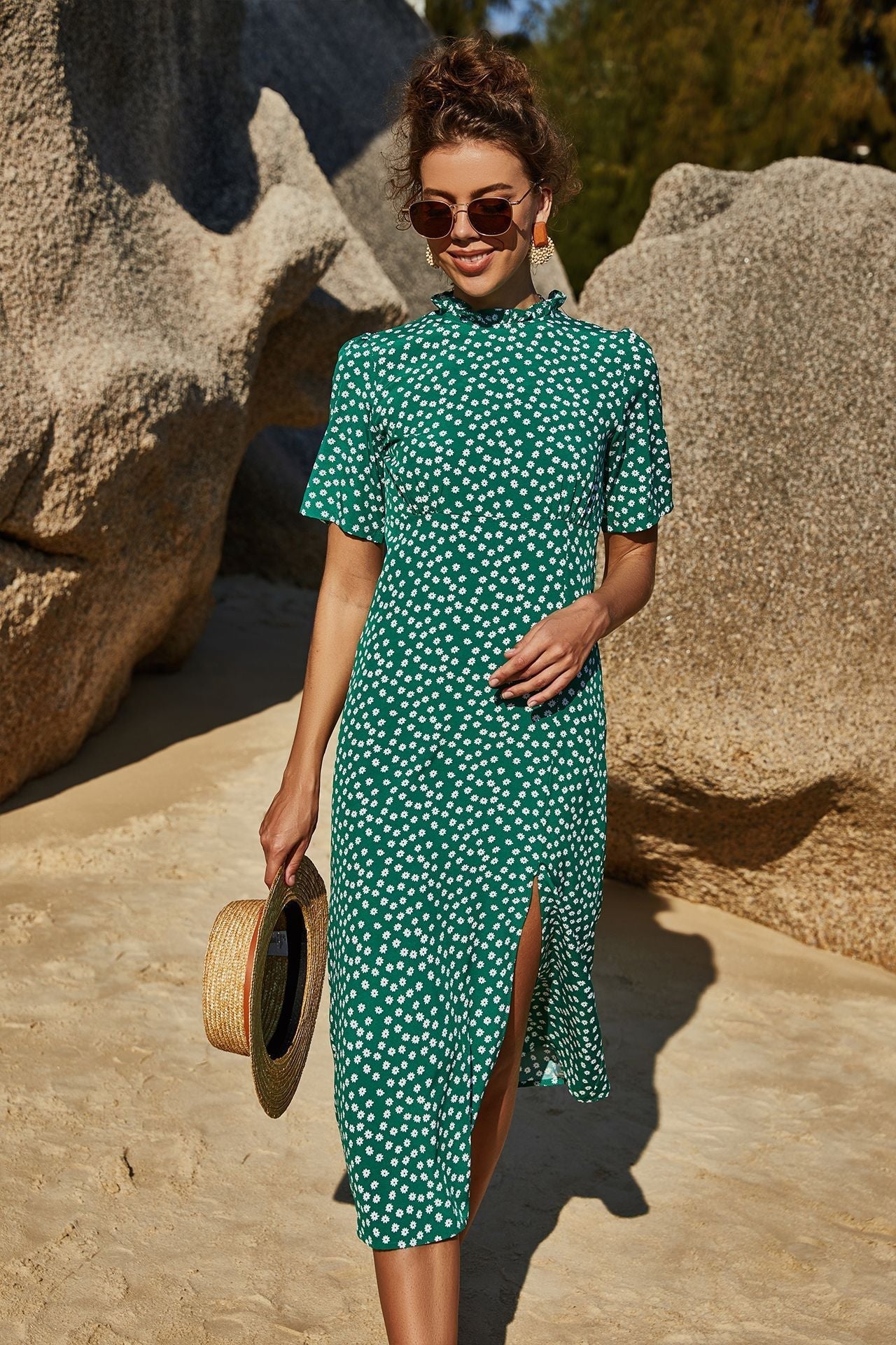 Summer Women Clothing Slimming Sheath Slit Slim-Fitting Floral Short Sleeve Vacation Large Swing Dress Bella Mia