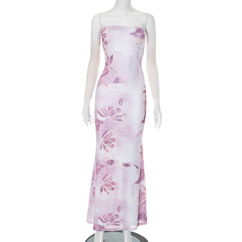 Women Clothing Tube Top Backless Floral Print Stitching Lining Sheath Dress Bella Mia