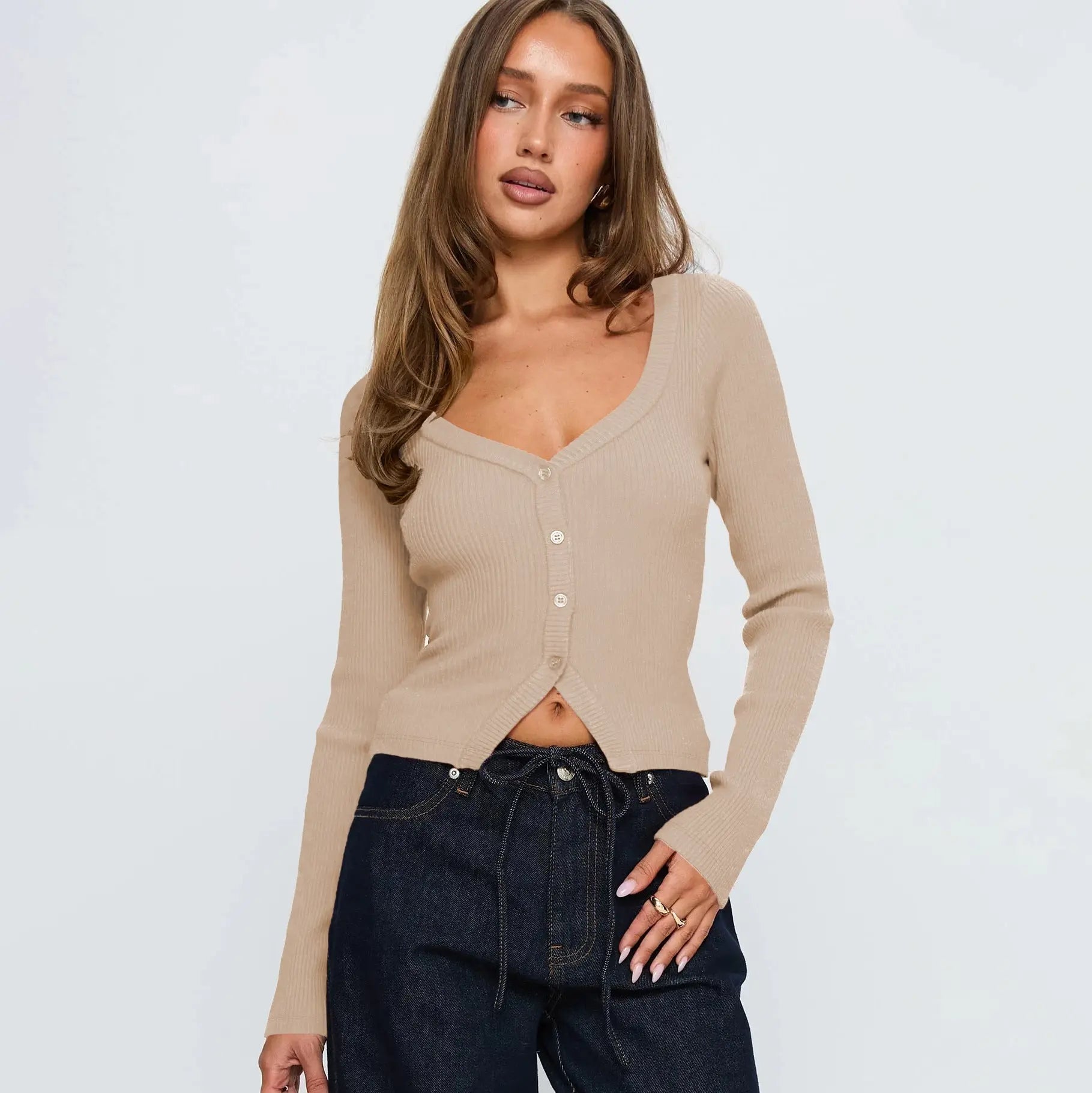 Women Fall Winter V Neck Long Sleeve Ribbed Button Cardigan Slim Fit Bella Mia