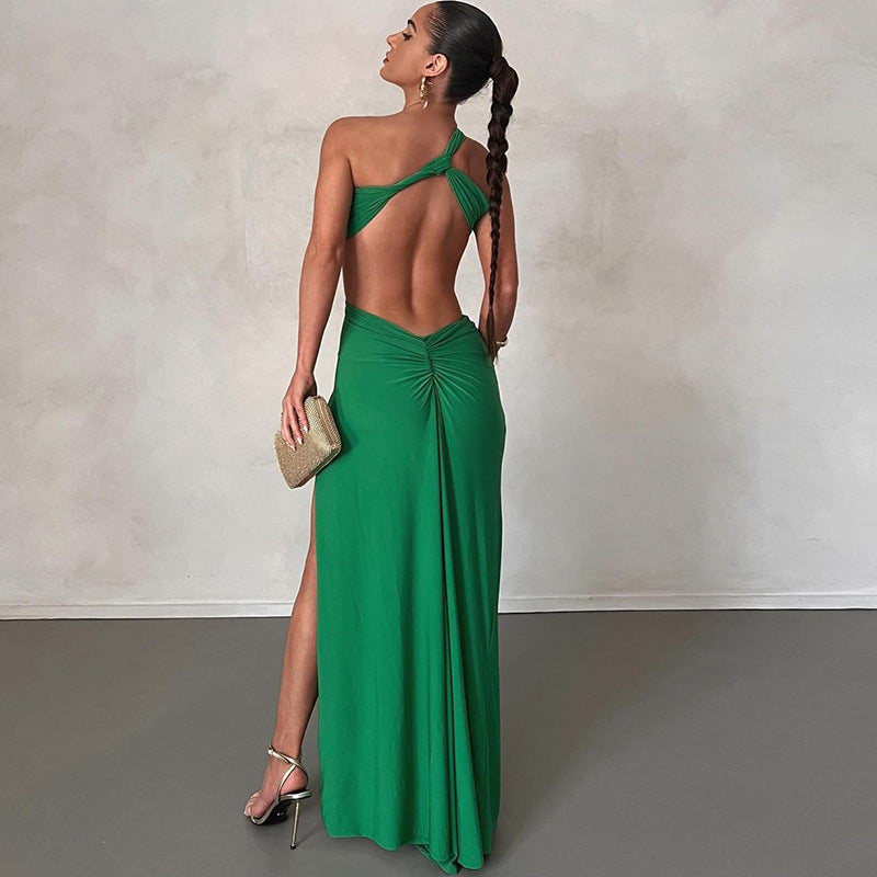 Sloping Shoulder Dress Solid Color Pullover Sexy Backless Evening Dress Long Socialite Split Bella Mia