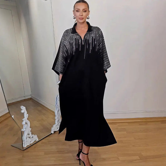 Autumn Printed Collared Maxi Dress For Women With Pockets And Sequin Details Bella Mia