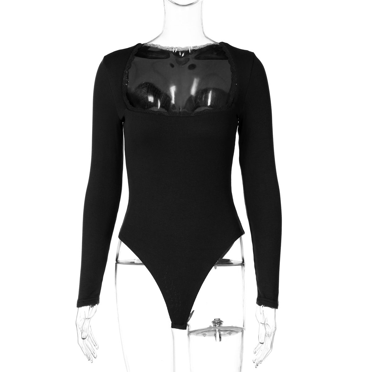 Women Clothing Winter Sexy Square Neck Lace Slim Fit Base Long Sleeve Jumpsuit Bella Mia