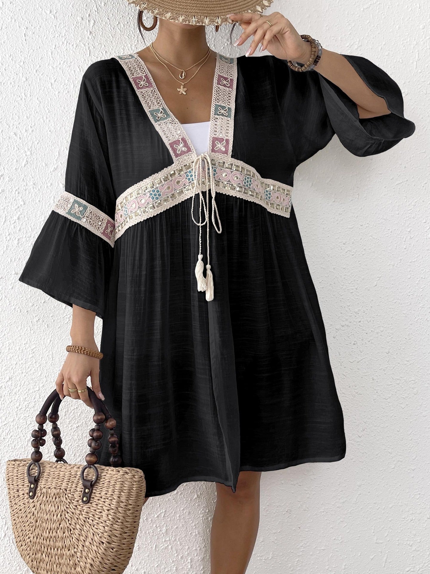 Women Cardigan Bow Women Clothing Sequined Embroidered Lace Stitching Beach Beach Cover Up Bella Mia